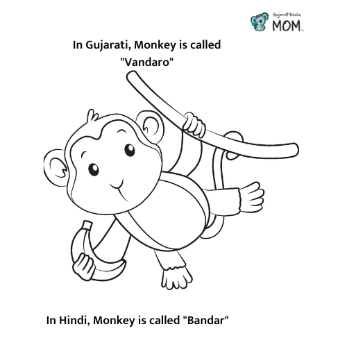 Gujarati Koala Mom, Gujarati and Hindi word for Monkey, printable coloring sheet.