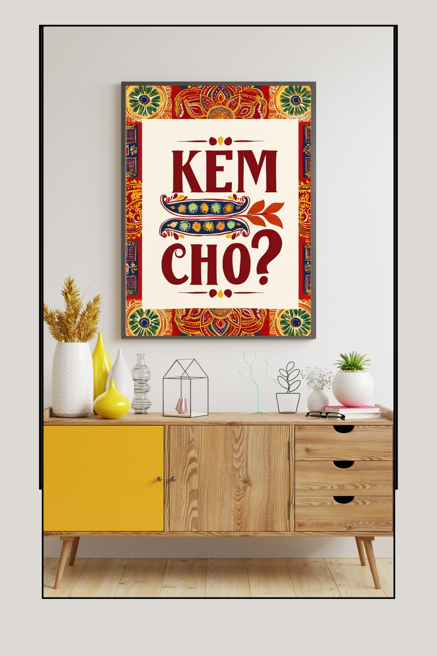 Gujarati style KEM CHO Digital Wall Art in a modern frame above a wooden sideboard.