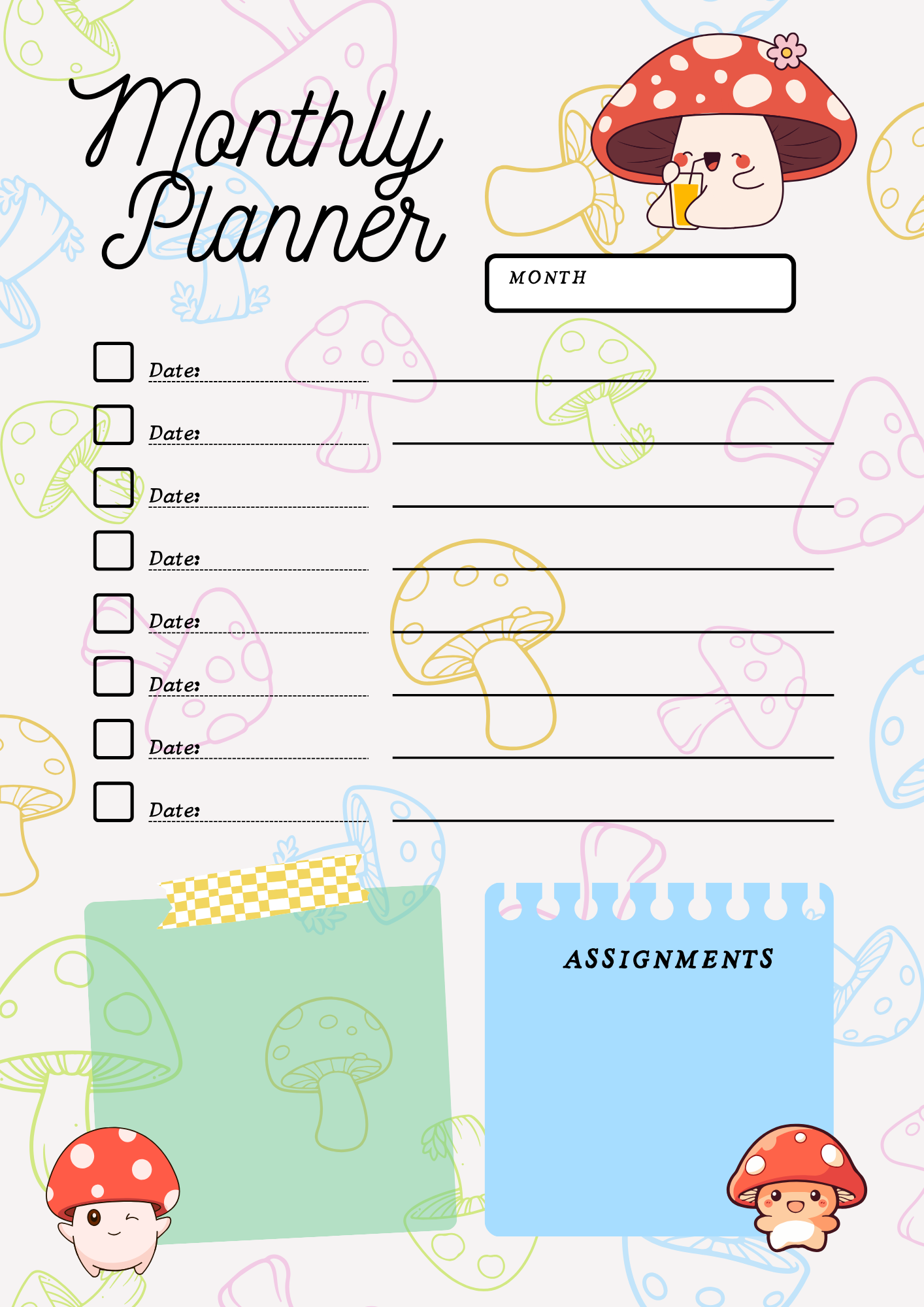 daily planner, monthly planner-mushrooms