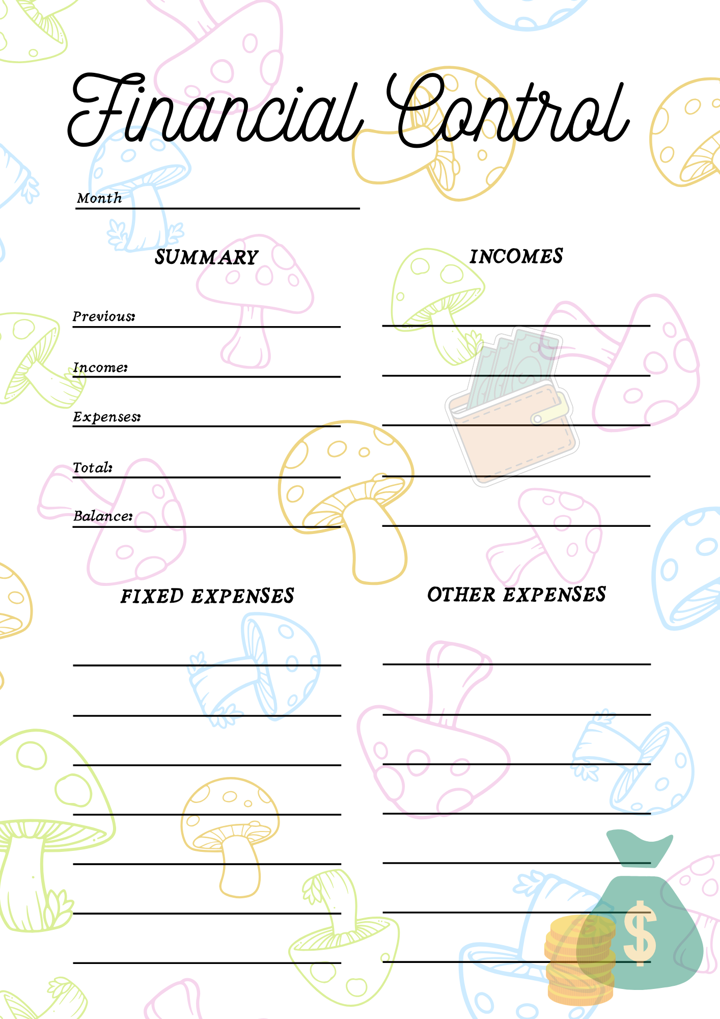 daily planner, financial control-mushrooms
