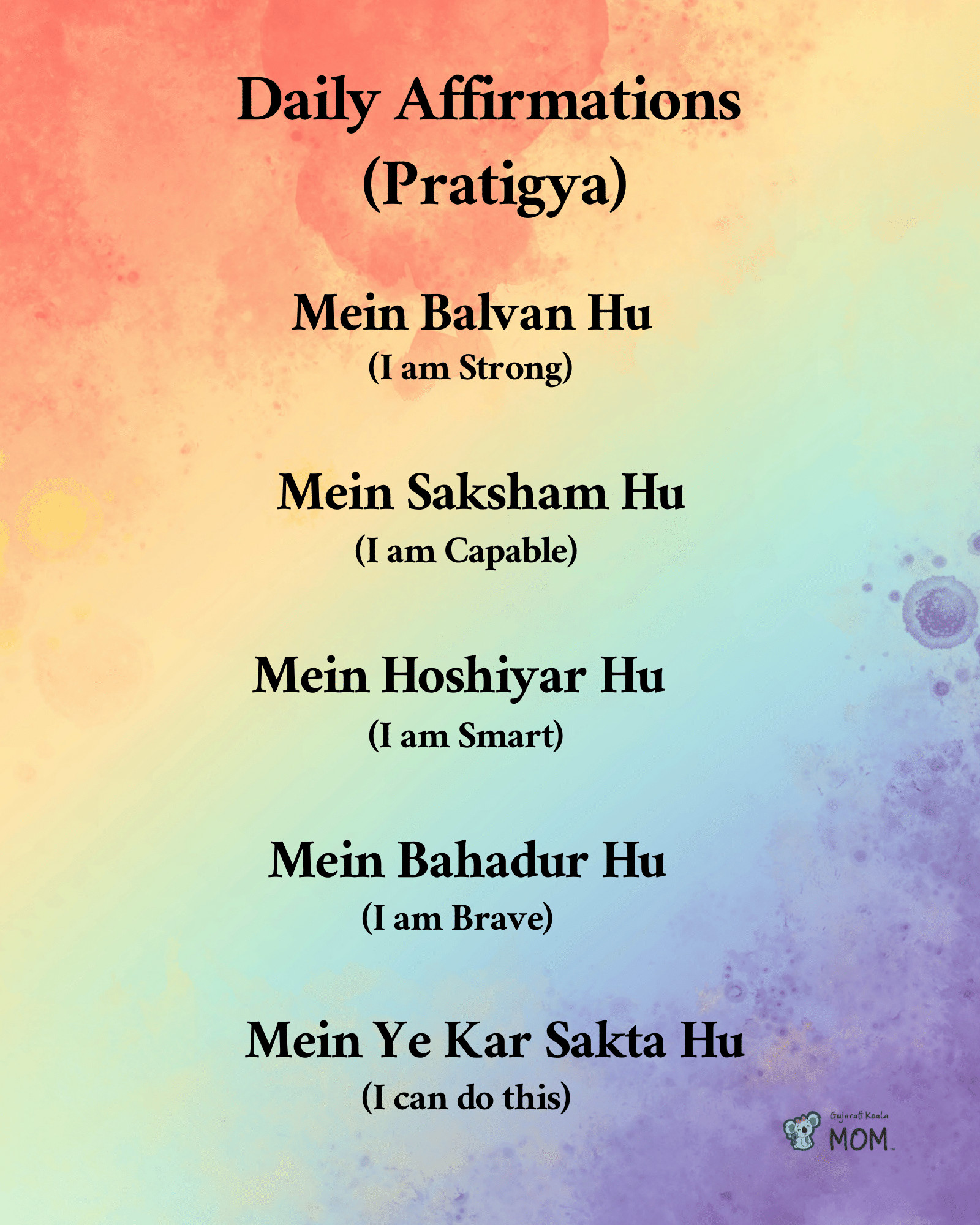 affirmations in English and hindi in colorful 