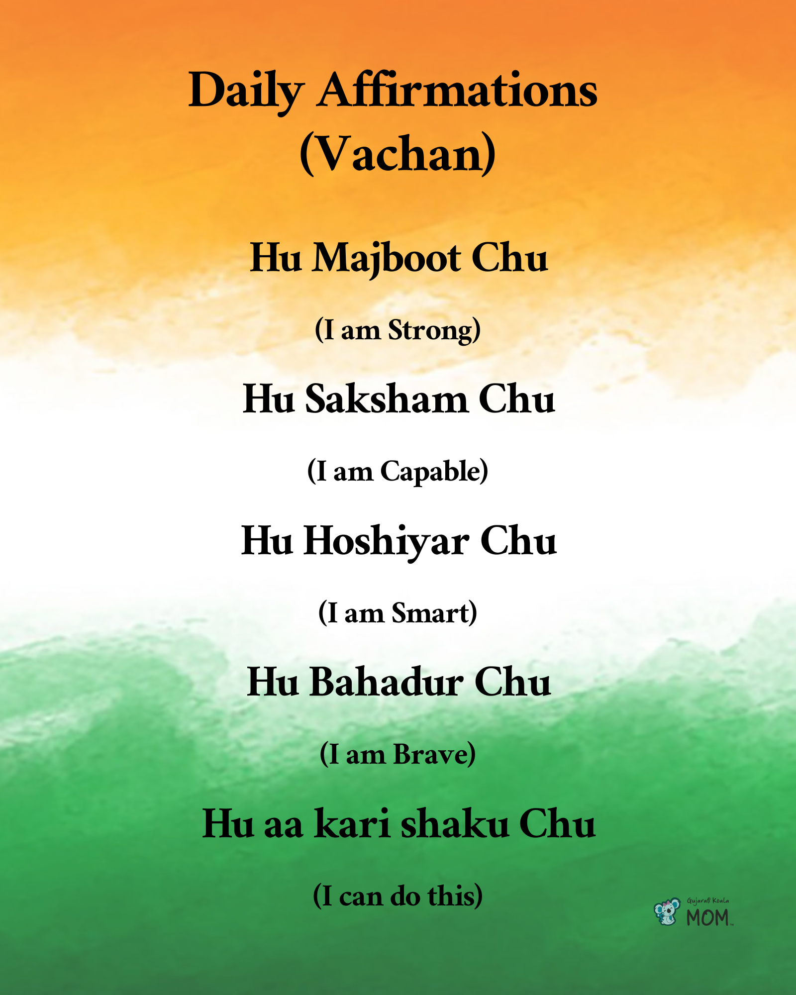 Affirmations Poster Gujarati : Indian flag colors