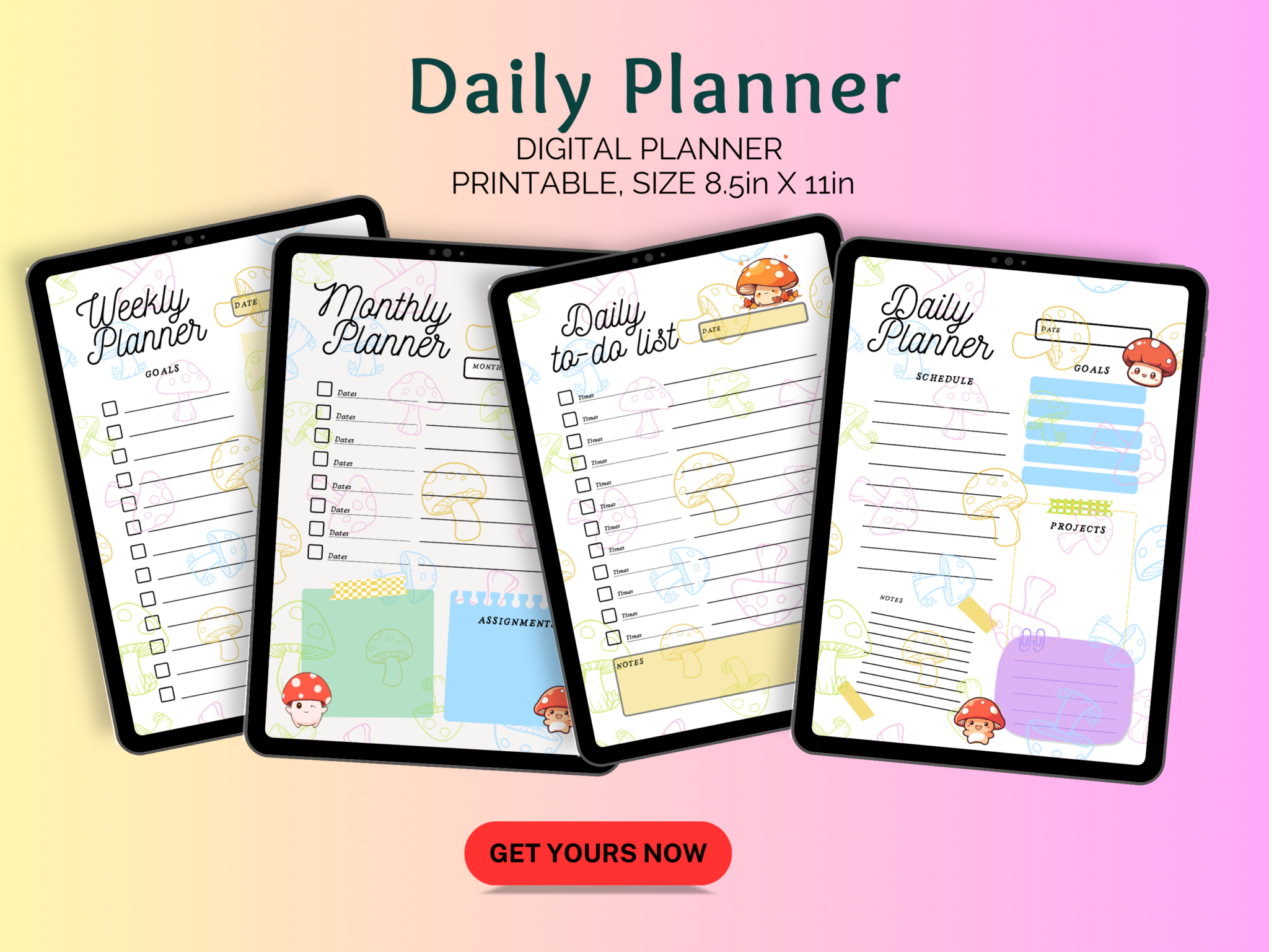 weekly planner, monthly planner, daily to do list and daily planner displayed on the tablet. get yours now