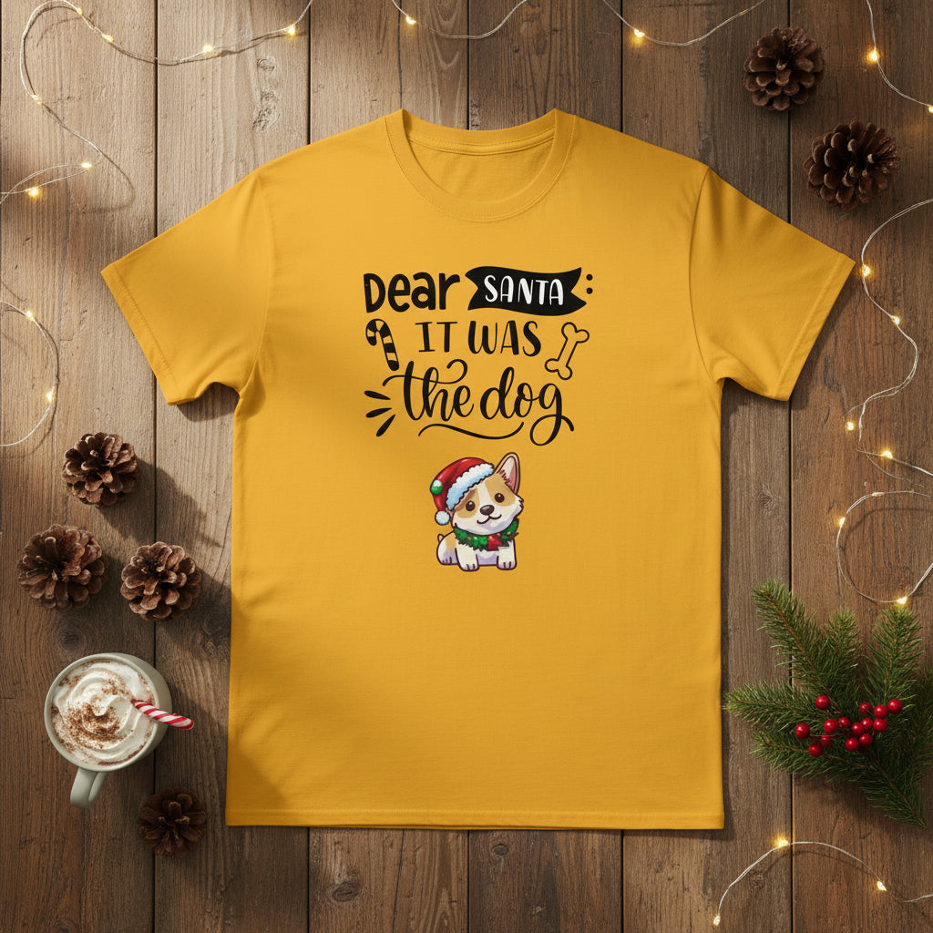 Yellow t-shirt with Christmas-themed design featuring a dog and text on a white background