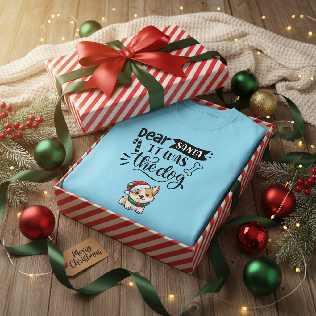 Dear Santa it was the dog sky blue t-shirt wrapped in a gift box surrounded by christmas ornaments.