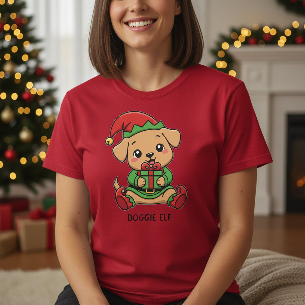 Red holiday t-shirt featuring a cute Dog Elf holding a candy cane design