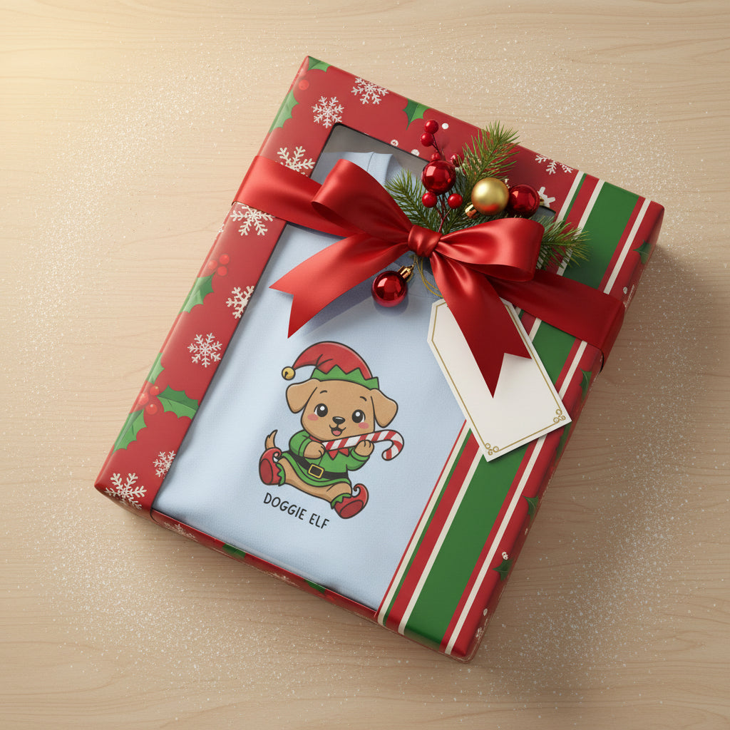Light blue Dog Elf holiday T-shirt with cute dog elf holding candy cane packed in a gift box