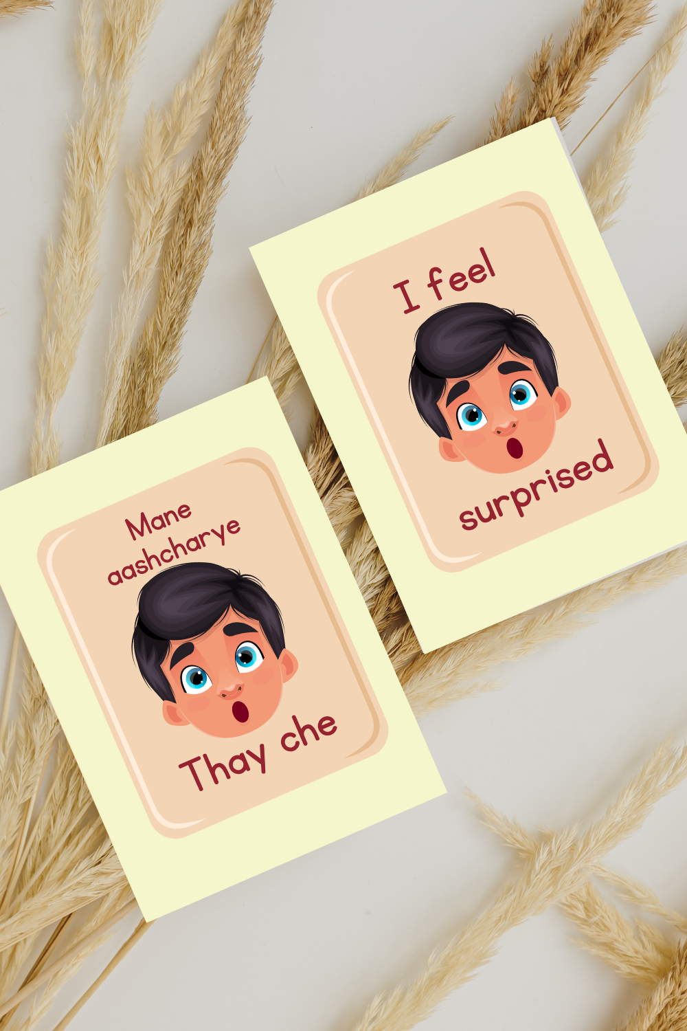 flash card of I feel surprised and mane aashcharye thay che.