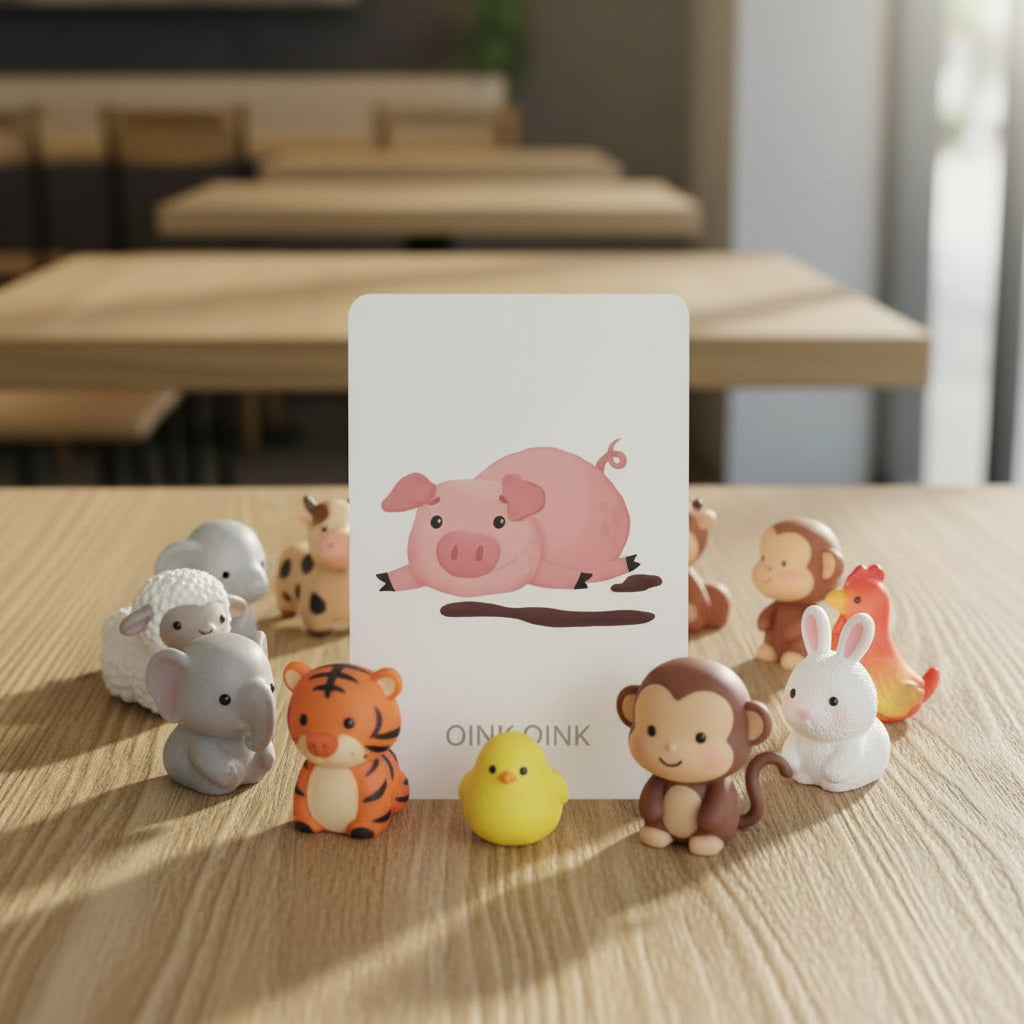 pig flash card surrounded by animal figurines
