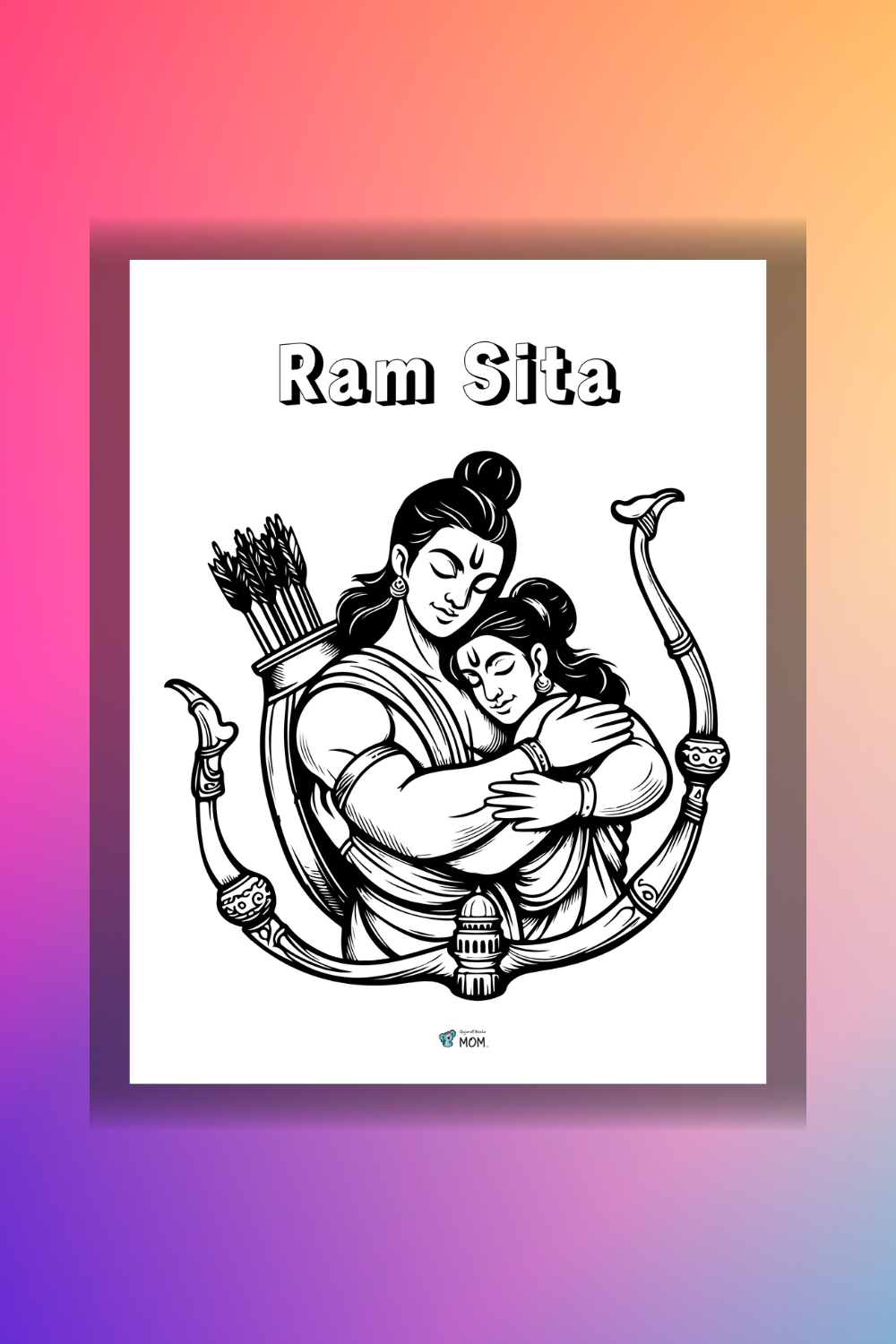 orange, red and purple background with Digital Coloring Lord Ram Sita in the middle