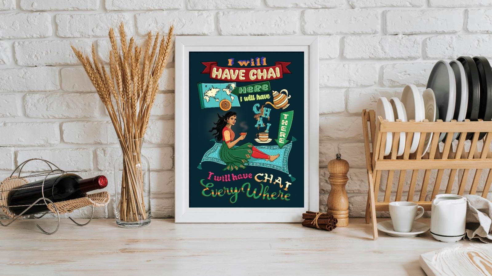 Modern Indian Woman Digital Wall Art with chai theme in a kitchen setting.