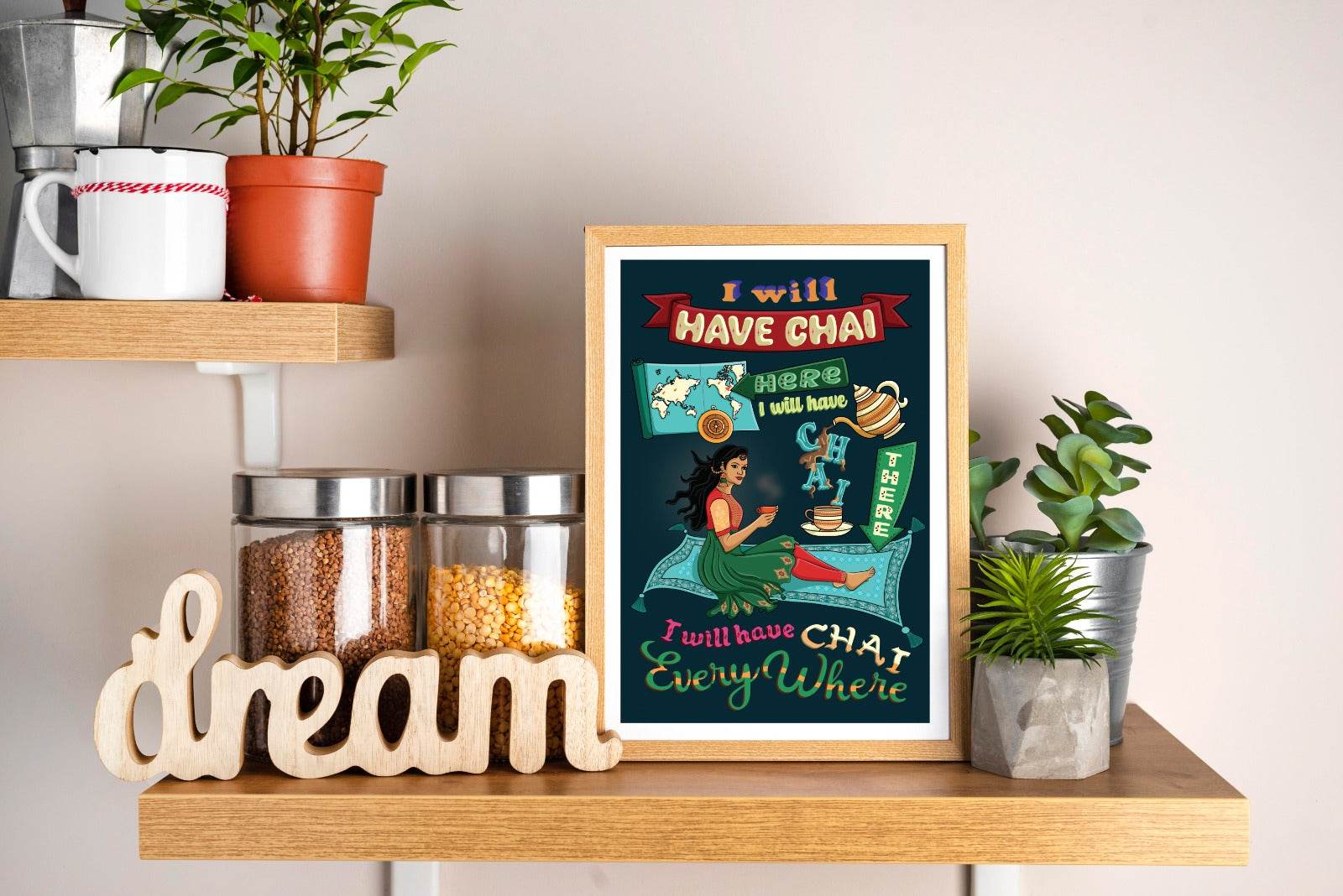 Modern Indian Woman Digital Wall Art featuring chai theme, framed on shelf with decorative jars and plants.