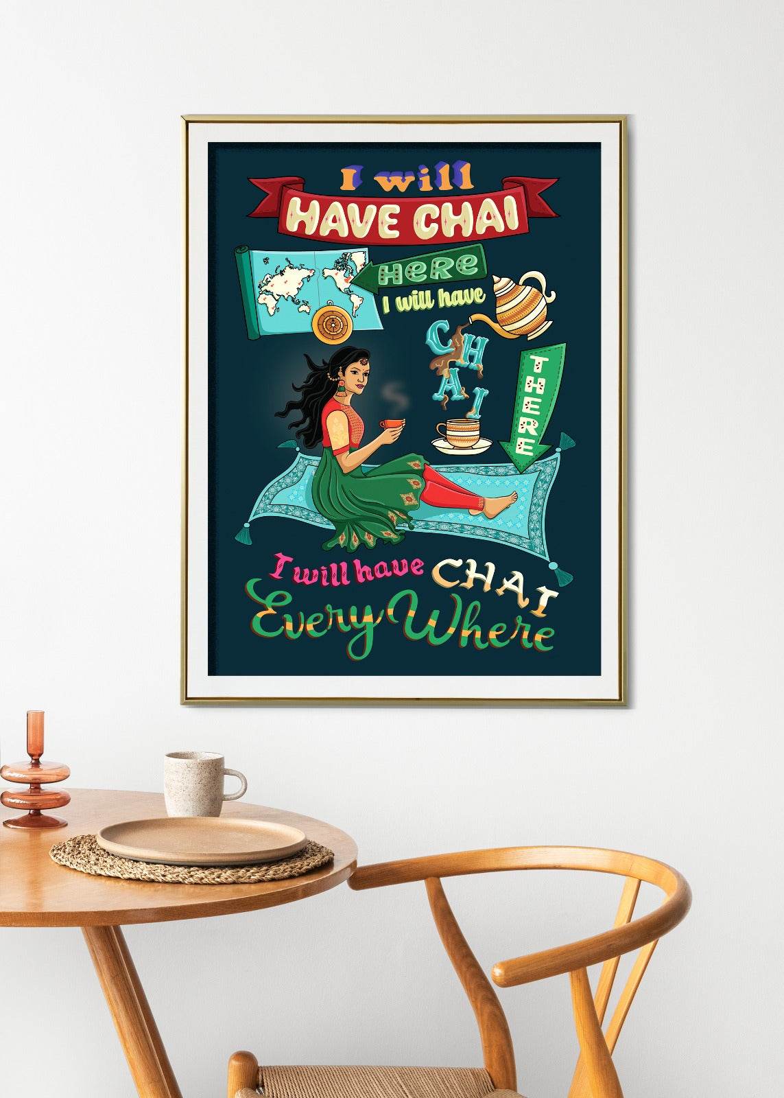 Modern Indian woman enjoying chai digital wall art displayed above a wooden table.