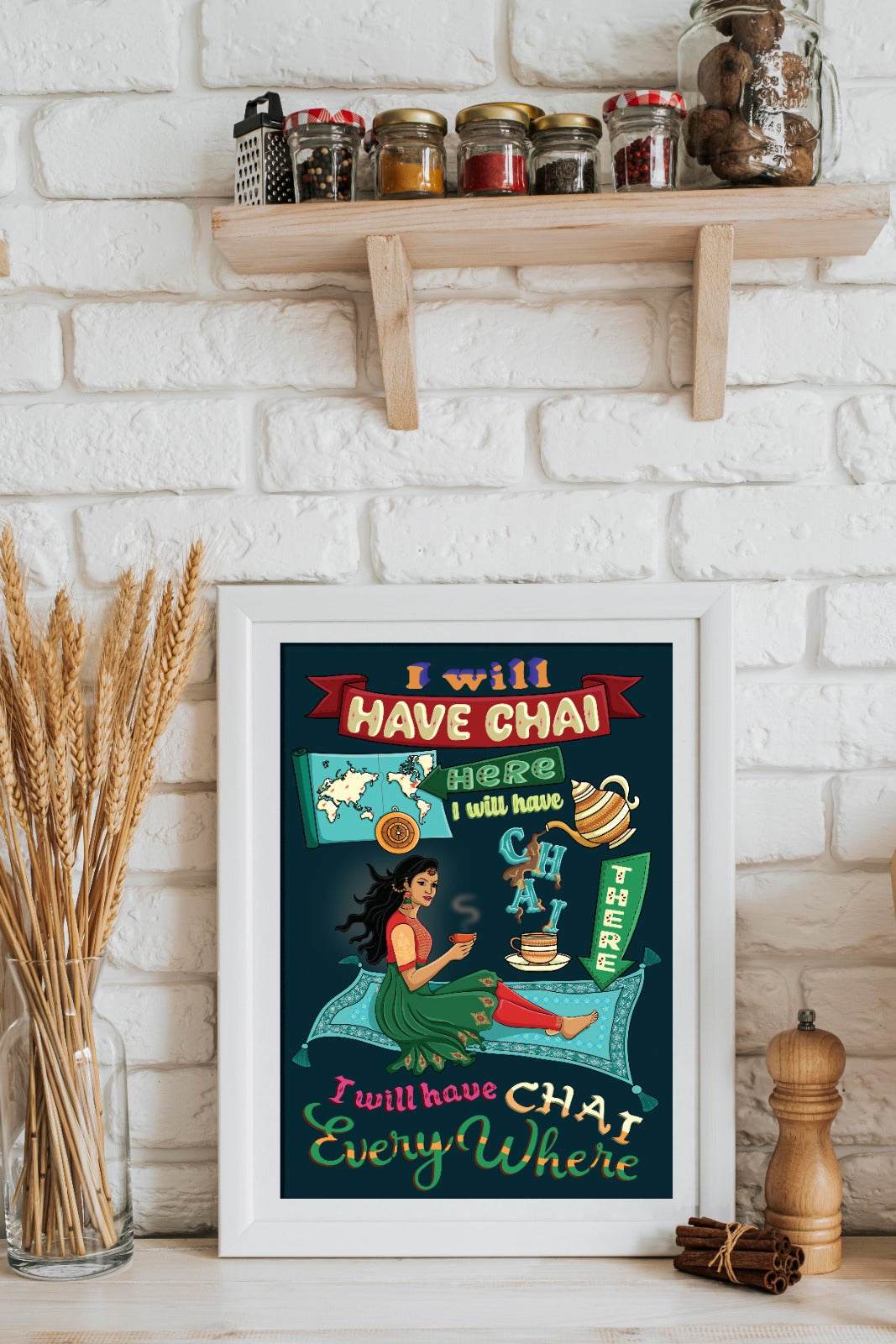 Modern Indian woman enjoying chai wall art print; vibrant, digital download for tea lovers.