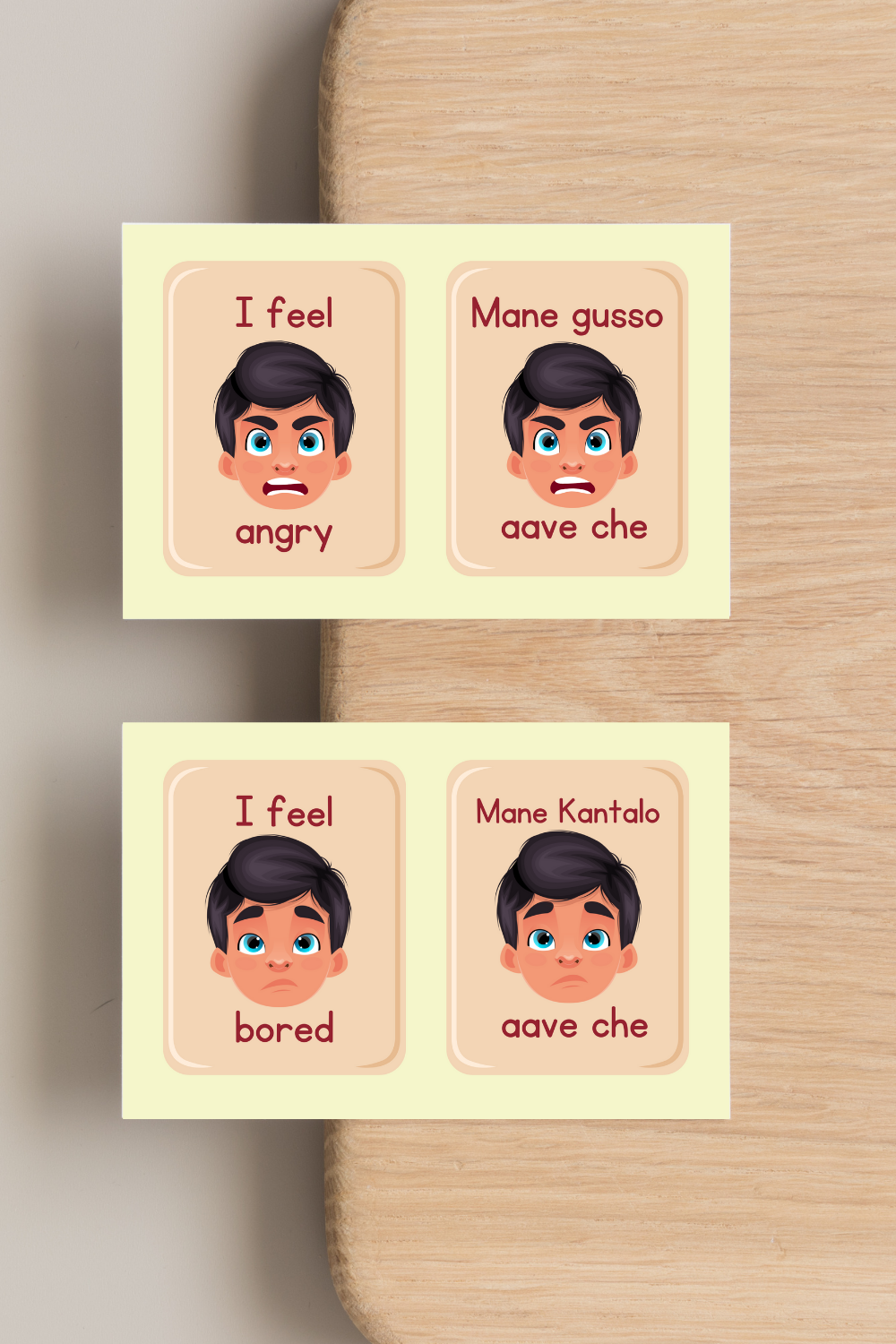 English-Gujarati Emotion Flash cards. I feel angry, mane gusto aave che. I feel bored in English. Mane kantalo aave che in Gujarati.