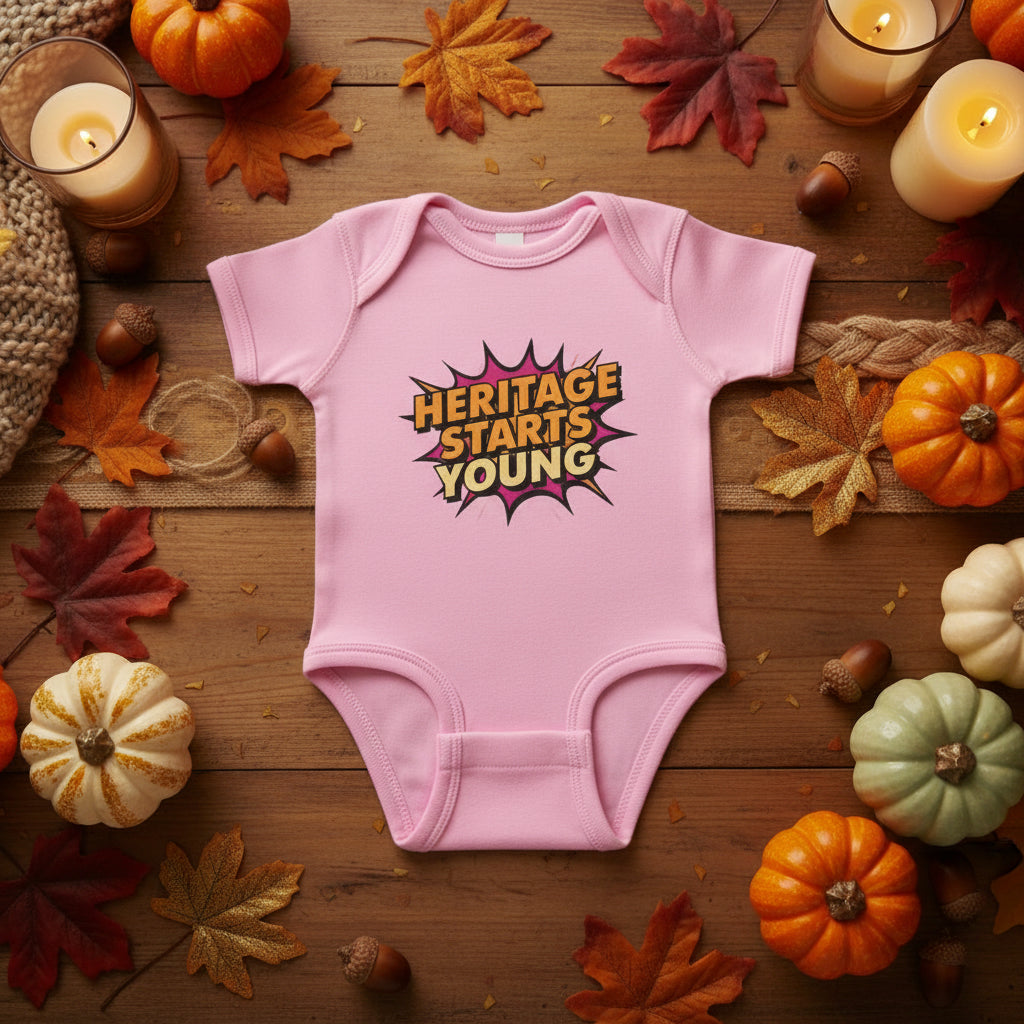 Pink baby onesie with 'Heritage Starts Young' text with thanksgiving background