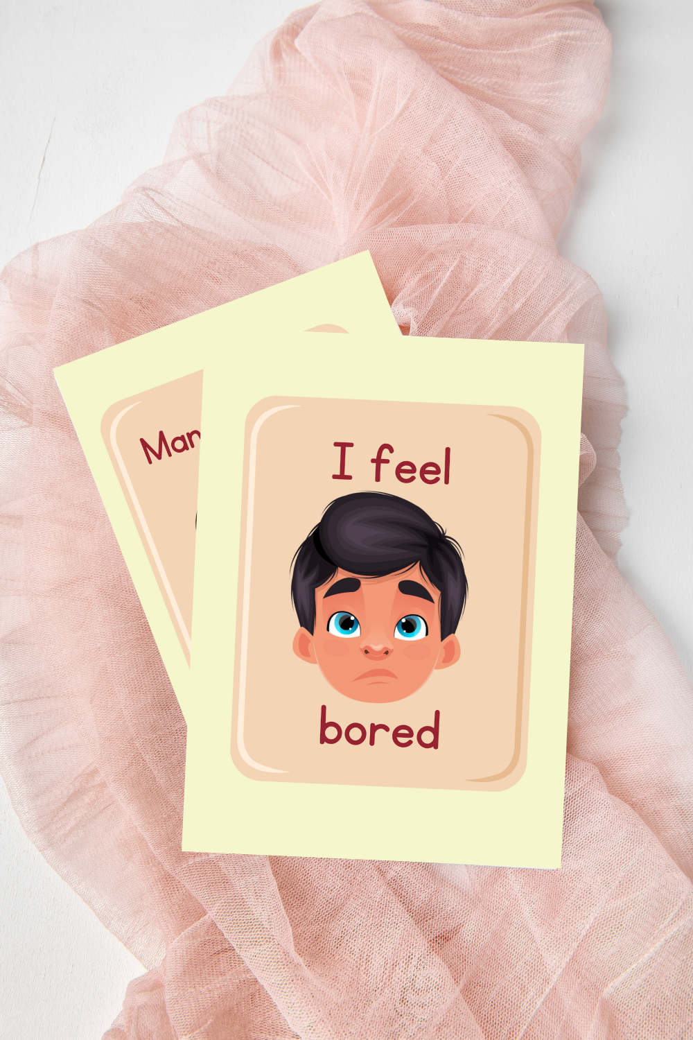 English-Gujarati Emotion Flash cards. Pink background with beige color flash card. I feel bored. and mane kantalo aave che