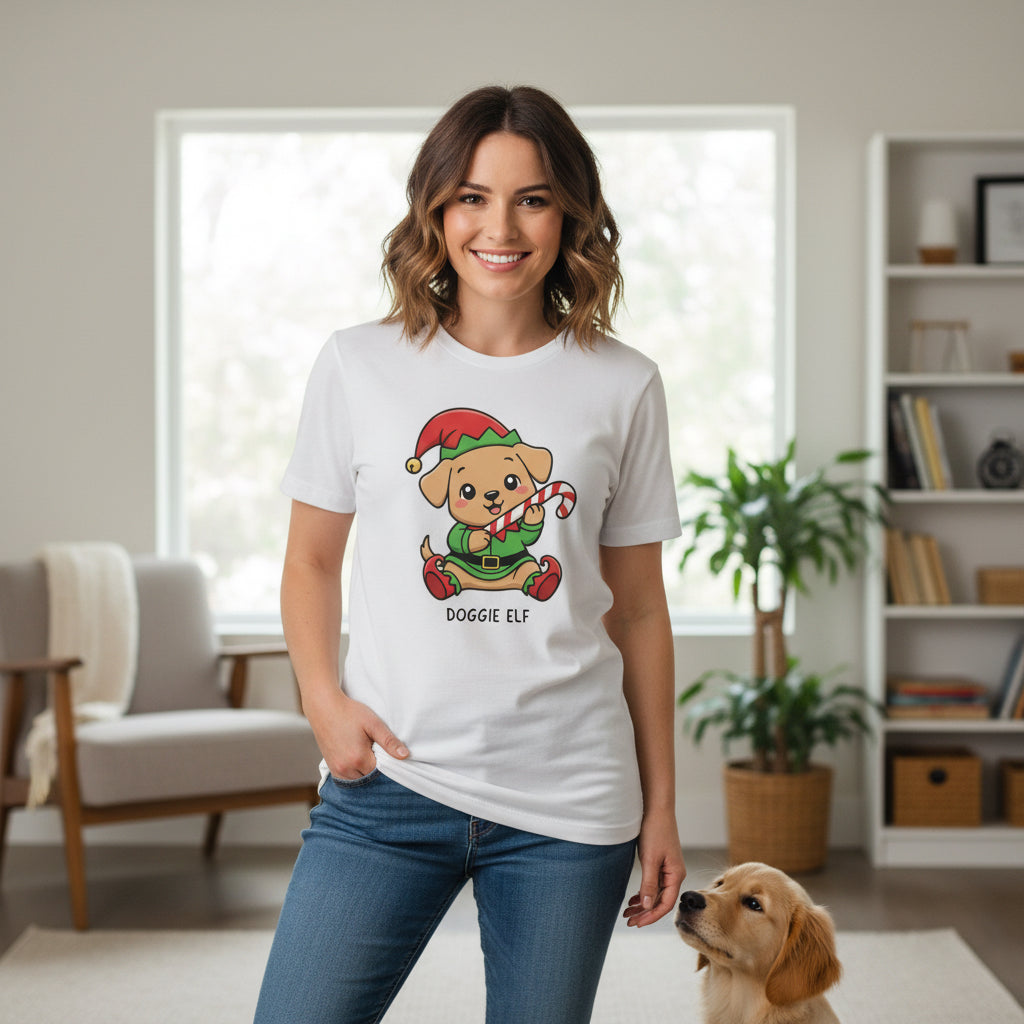 White holiday T-shirt featuring a cute Dog Elf holding a candy cane illustration