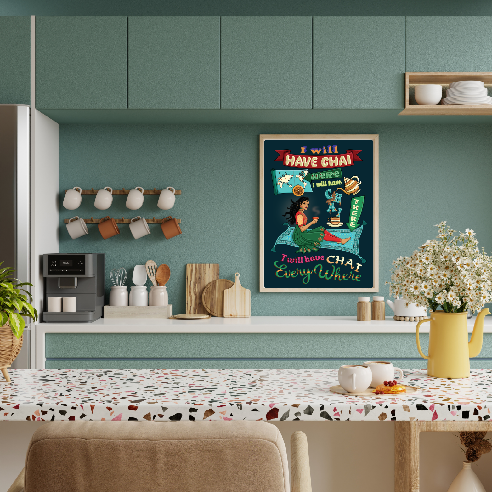 Modern Indian woman enjoying chai digital wall art in stylish kitchen setting.