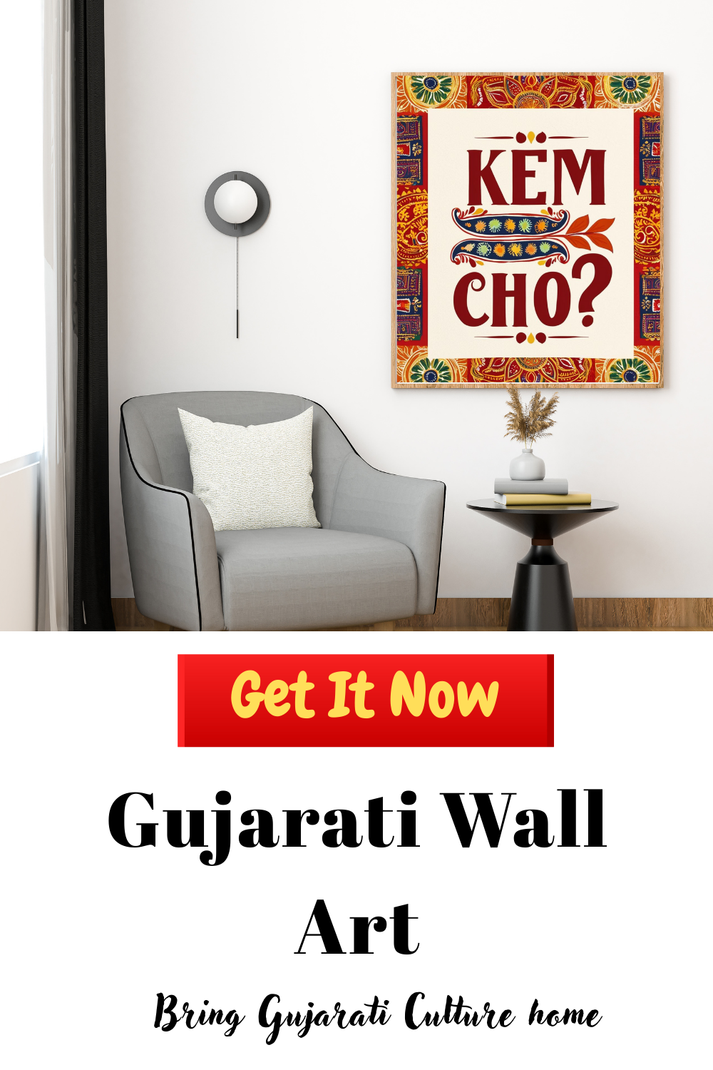 Gujarati KEM CHO Digital Wall Art greeting, perfect for home decor.