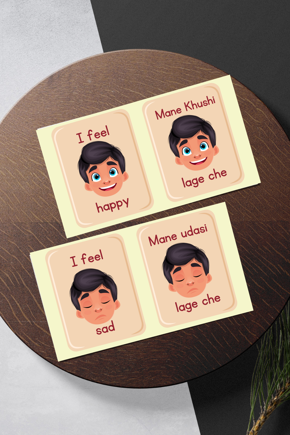 flash card of happy and sad in English and gujarati