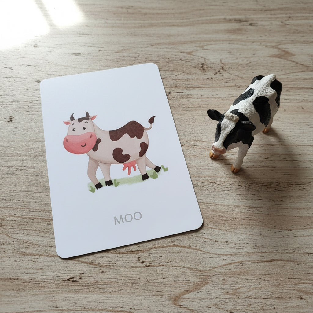 Card with a cow illustration and a toy cow on a wooden surface