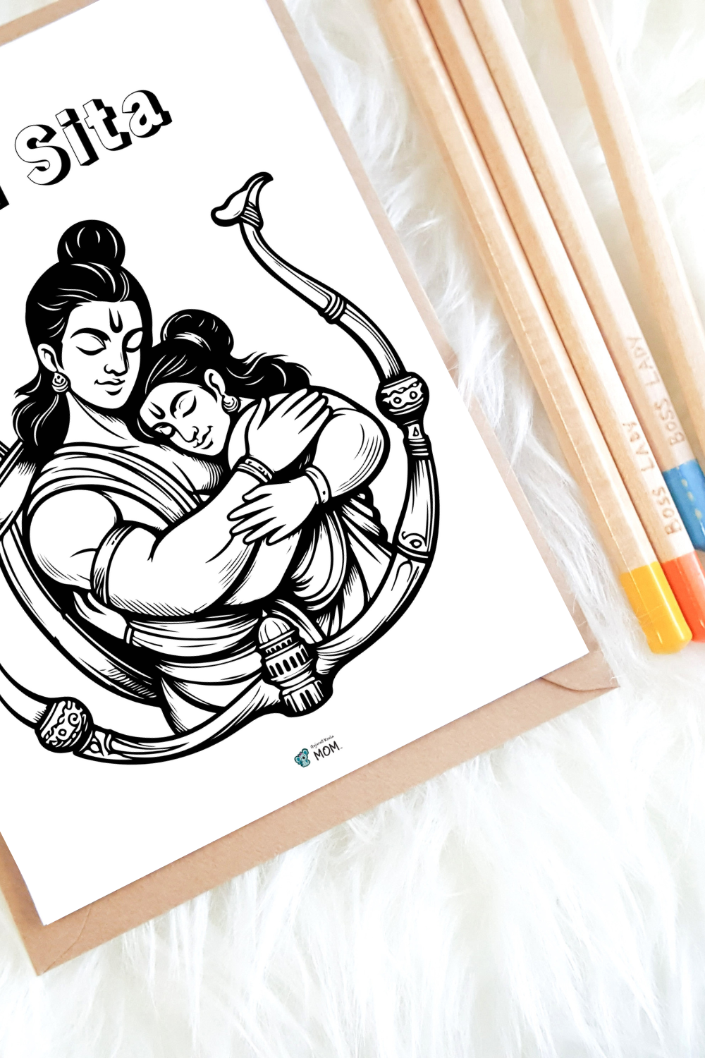 Digital Coloring page of ram Sita with colored pencils next to it