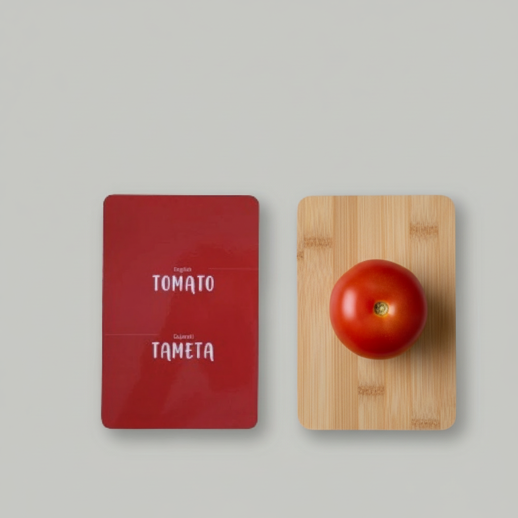 Red tomato on a wooden cutting board next to a red label with 'TOMATO' text on a gray background