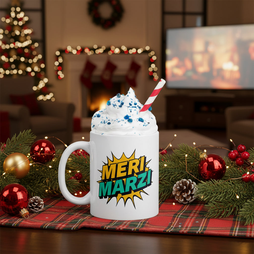 White 11oz Mug on a flannel mat with christmas ornaments and pinecones with christmas tree, lights, wreath, stockings and tv in the background